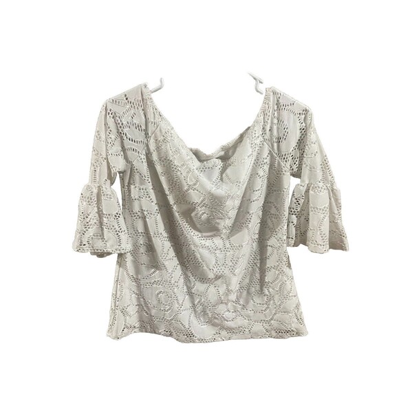 White Birch Blouse Lace Bell Sleeve Sheer Lined Ruffle Boho Womens Size S - Picture 2 of 5